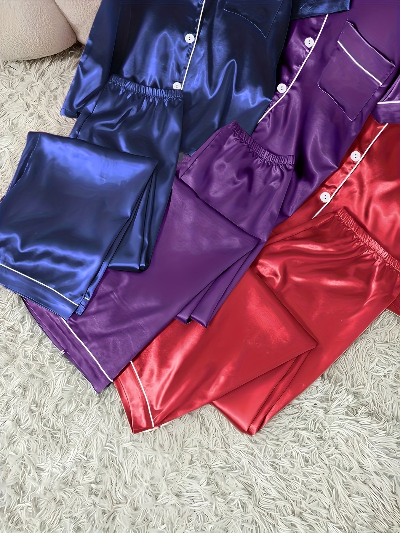 3 Sets Cozy Solid Satin Women's Pajama Set - Soft Short Sleeve Button-Down Lapel Top & Relaxed Fit Pants for Comfortable Sleep - Breathable, Soft Brushed Fabric, Classic Design