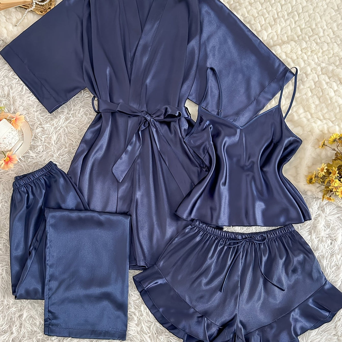 [Sexy Pajama Set] 4pcs Comfortable Polyester Women's V-Neck Pajama Set | All-Season Sleepwear with Tie Waist And Drawstring Shorts, Perfect for Autumn And Winter