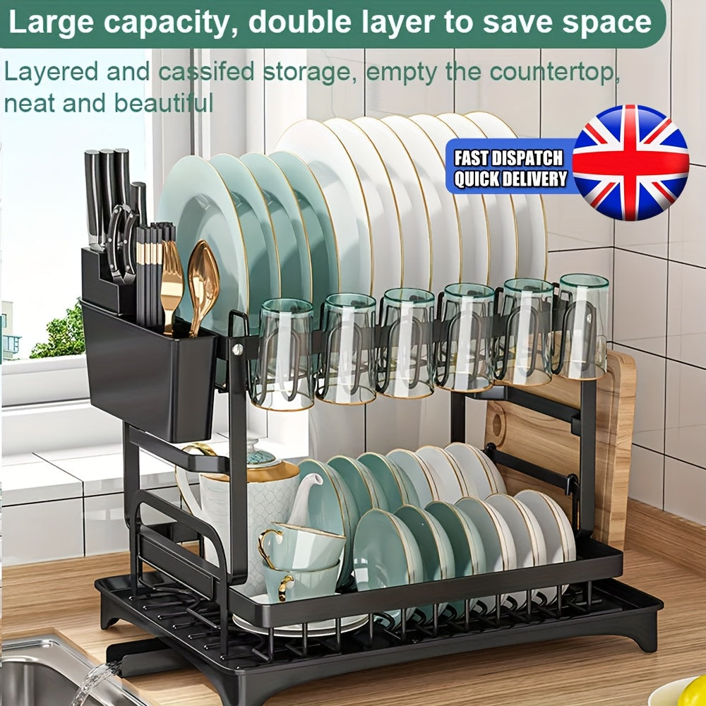 2-Tier Carbon Steel Dish Rack with Large Capacity - Double Layer Plate & Cup Drying Drainer, Cutlery Holder, Space-Saving Kitchen Organizer for Home, Efficient Storage, Durable Construction, Small Kitchens
