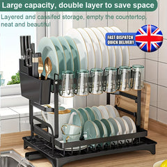 2-Tier Carbon Steel Dish Rack with Large Capacity - Double Layer Plate & Cup Drying Drainer, Cutlery Holder, Space-Saving Kitchen Organizer for Home, Efficient Storage, Durable Construction, Small Kitchens