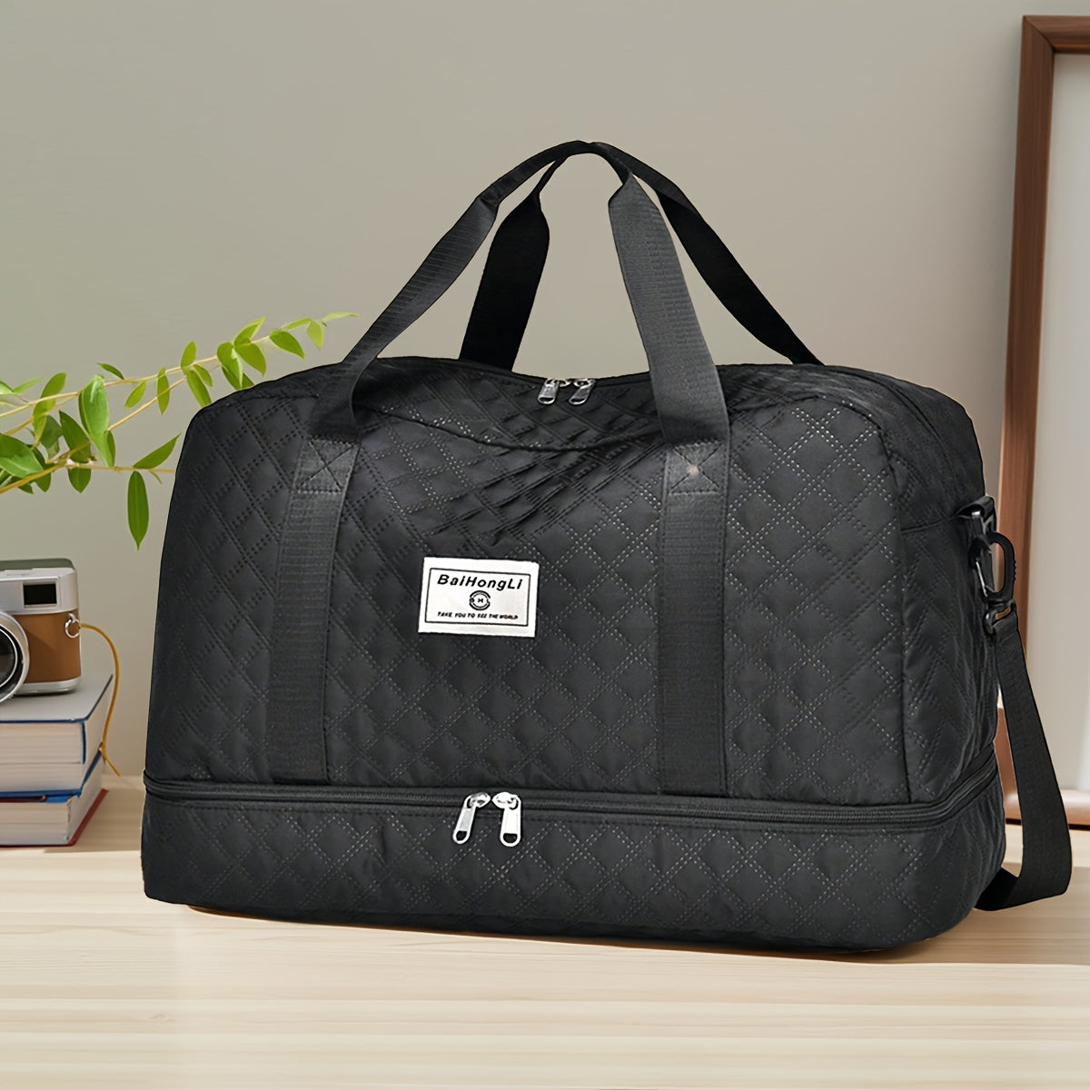 [Casual Duffel Bag] Large Capacity Nylon Travel Duffel Bag | Casual Style, Solid Color, Zipper Closure, Handheld or Shoulder Carry, with Black and Beige Options, for Outing and Weekend Trip