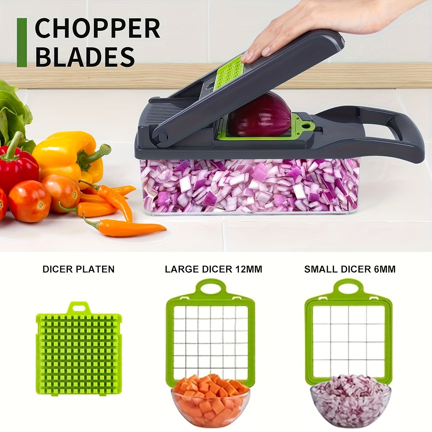 Veggie Chopper, Vegetable Slicer and Chopper - 16-in-1 Multifunctional Food Grade Cutting Machine with Drain Basket, Carrot and Garlic Chopper with Container, Durable Plastic Construction - Ideal for Home and Restaurant Use, Kitchen Essentials