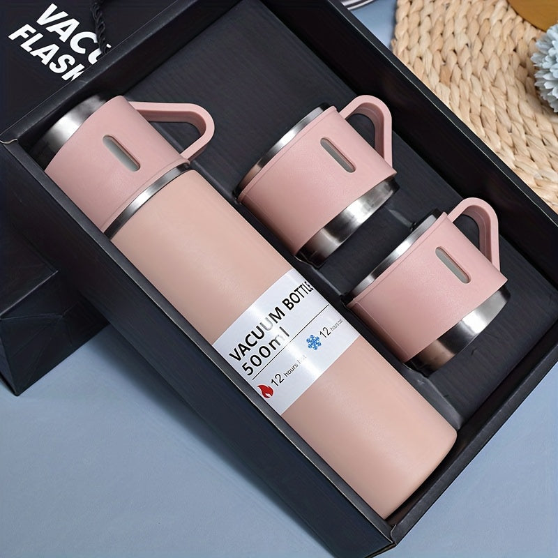 A Set of Stainless Steel Insulated Cups, 500Ml/16.9Oz Vacuum Sealed Water Bottle, Comes with 3 Cups, Stainless Steel Car Water Bottle Holder, Suitable for Coffee And Cold Drinks, Ideal Back-To-School Supplies