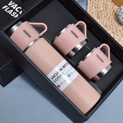 A Set of Stainless Steel Insulated Cups, 500Ml/16.9Oz Vacuum Sealed Water Bottle, Comes with 3 Cups, Stainless Steel Car Water Bottle Holder, Suitable for Coffee And Cold Drinks, Ideal Back-To-School Supplies