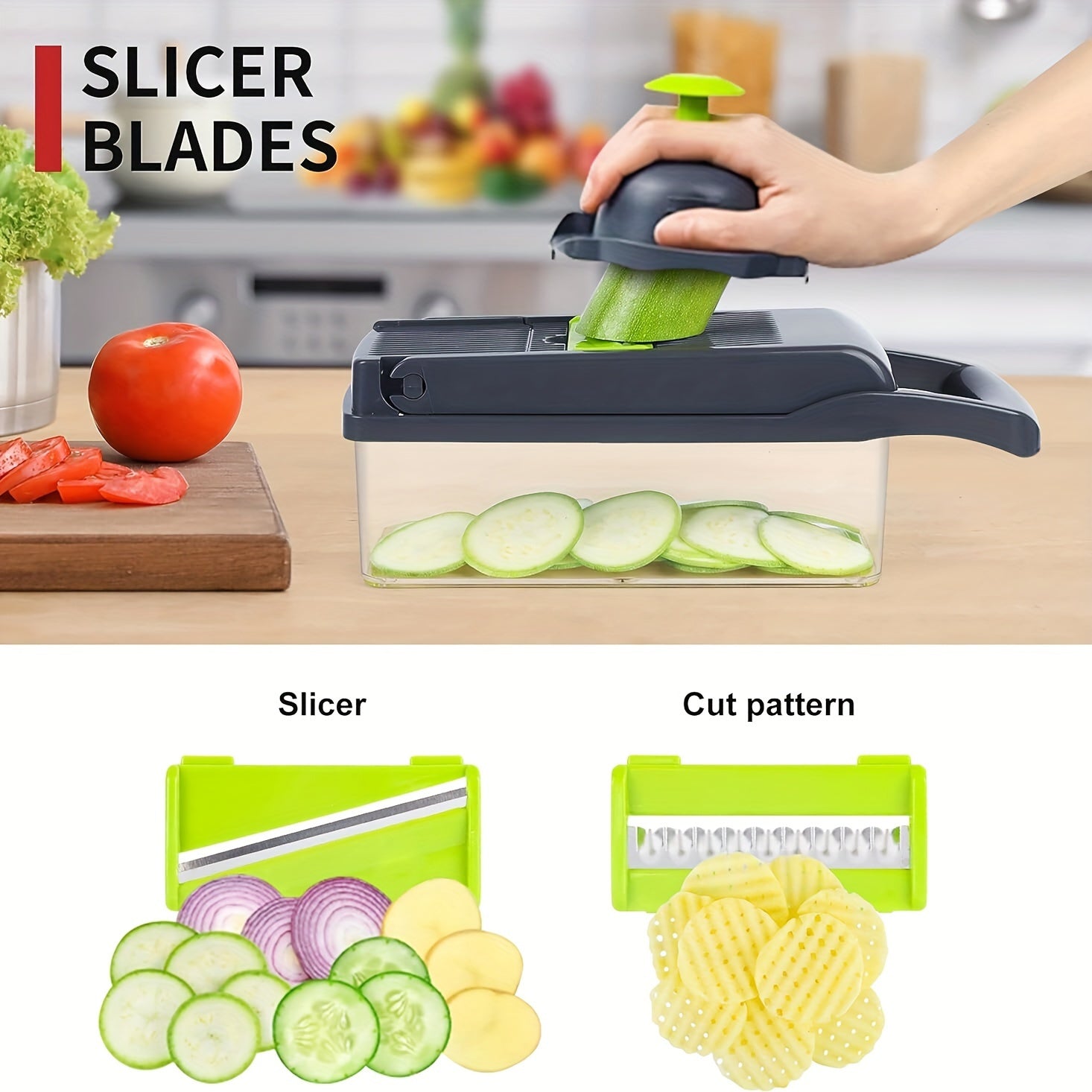 Veggie Chopper, Vegetable Slicer and Chopper - 16-in-1 Multifunctional Food Grade Cutting Machine with Drain Basket, Carrot and Garlic Chopper with Container, Durable Plastic Construction - Ideal for Home and Restaurant Use, Kitchen Essentials