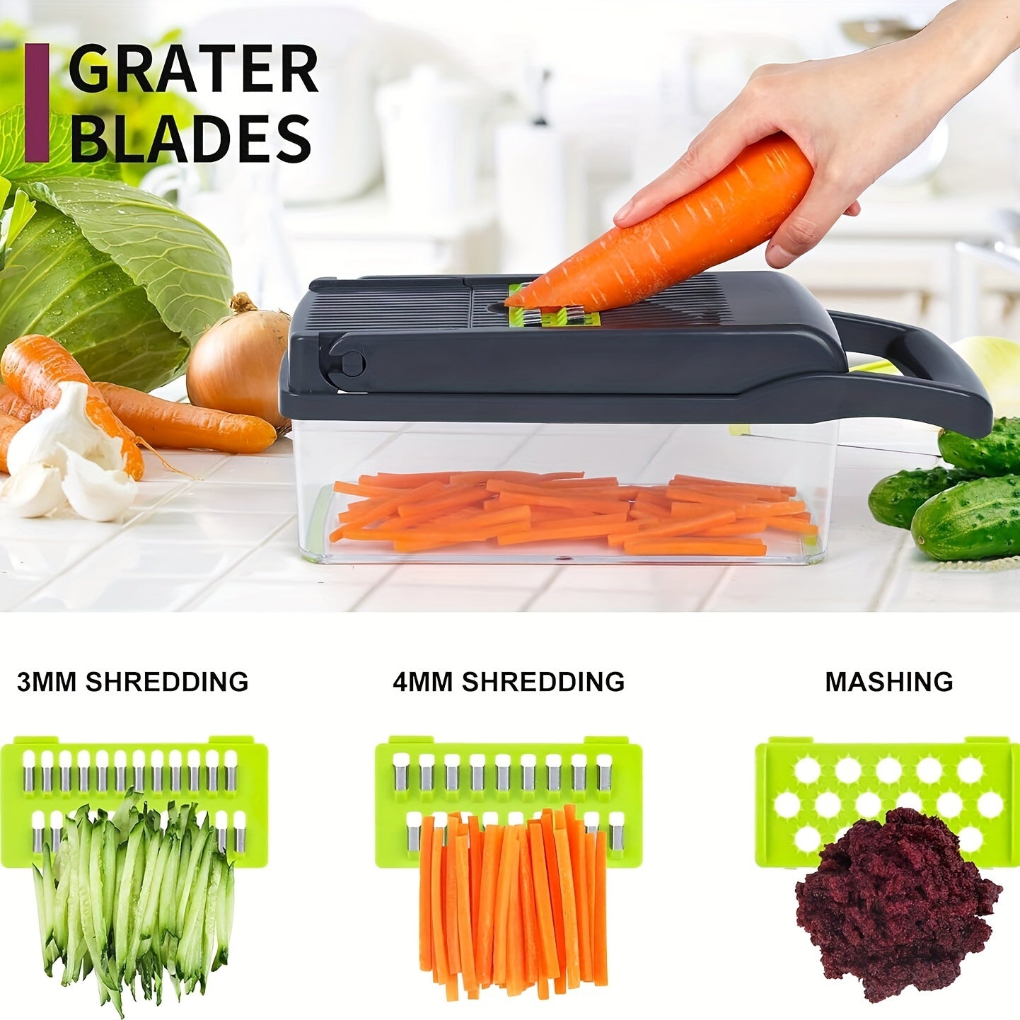 Veggie Chopper, Vegetable Slicer and Chopper - 16-in-1 Multifunctional Food Grade Cutting Machine with Drain Basket, Carrot and Garlic Chopper with Container, Durable Plastic Construction - Ideal for Home and Restaurant Use, Kitchen Essentials