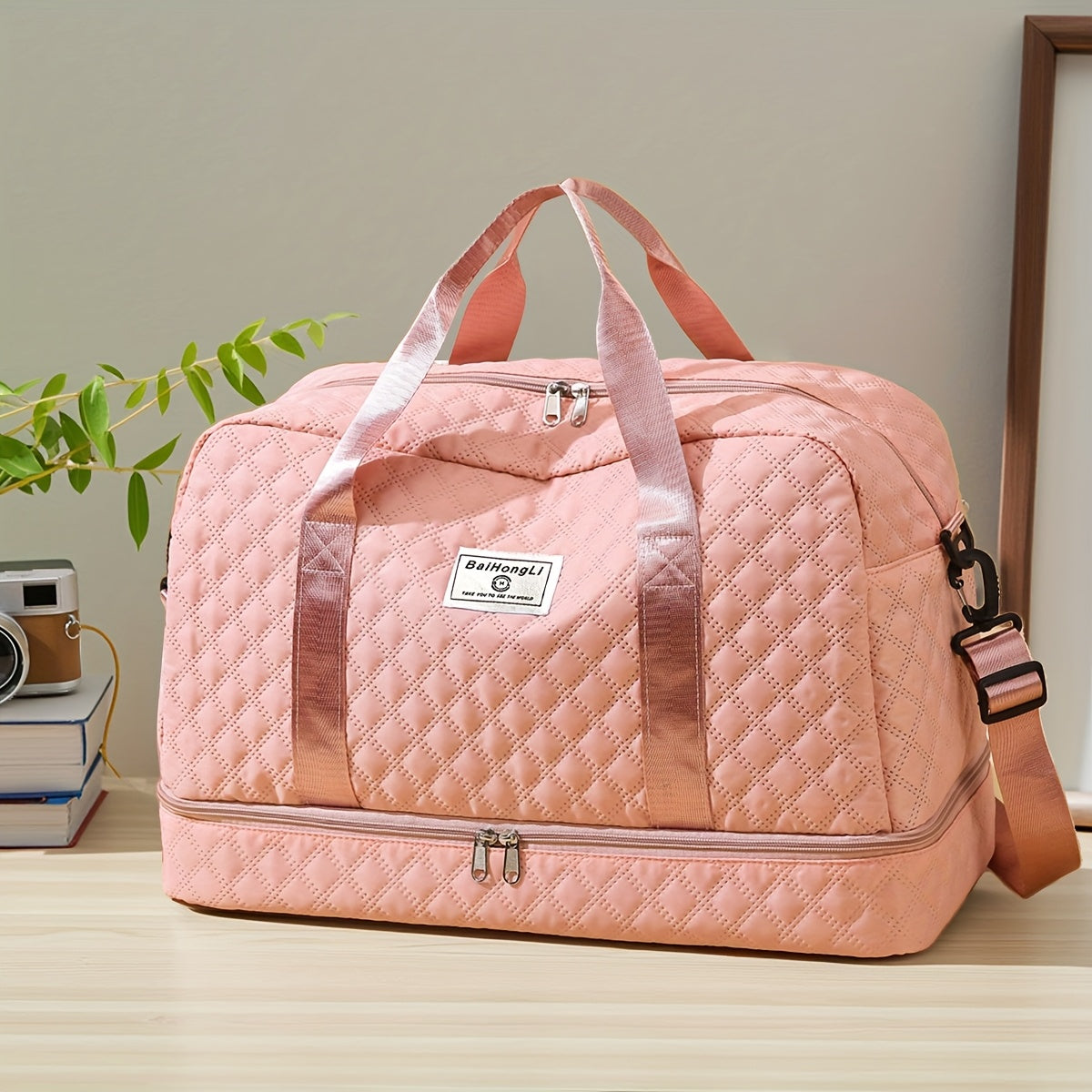 [Casual Duffel Bag] Large Capacity Nylon Travel Duffel Bag | Casual Style, Solid Color, Zipper Closure, Handheld or Shoulder Carry, with Black and Beige Options, for Outing and Weekend Trip