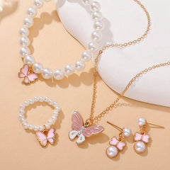 [Pearl | Butterfly] Cute Pearl | 1set Butterfly Trendy Necklace Earrings Pearl Bracelet Ring Set For Girls