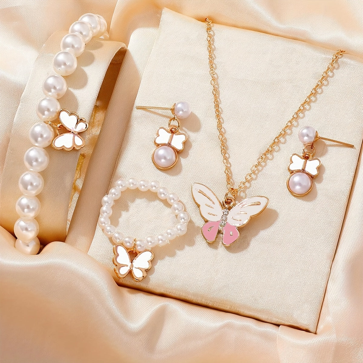 [Pearl | Butterfly] Cute Pearl | 1set Butterfly Trendy Necklace Earrings Pearl Bracelet Ring Set For Girls