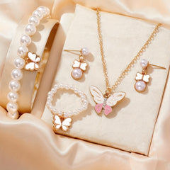 [Pearl | Butterfly] Cute Pearl | 1set Butterfly Trendy Necklace Earrings Pearl Bracelet Ring Set For Girls