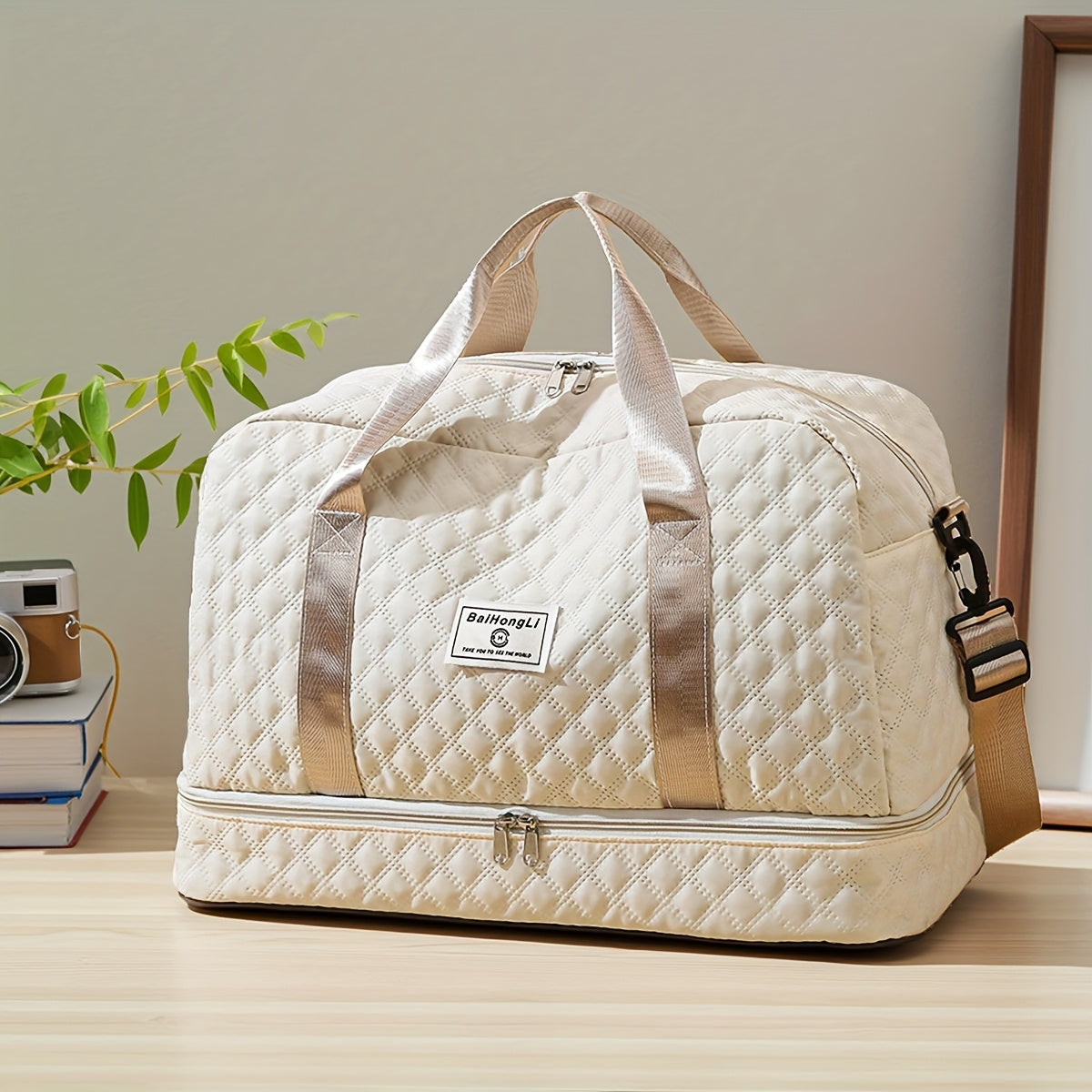 [Casual Duffel Bag] Large Capacity Nylon Travel Duffel Bag | Casual Style, Solid Color, Zipper Closure, Handheld or Shoulder Carry, with Black and Beige Options, for Outing and Weekend Trip