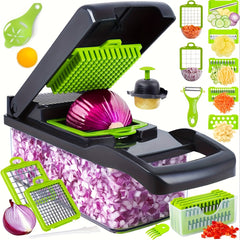 Veggie Chopper, Vegetable Slicer and Chopper - 16-in-1 Multifunctional Food Grade Cutting Machine with Drain Basket, Carrot and Garlic Chopper with Container, Durable Plastic Construction - Ideal for Home and Restaurant Use, Kitchen Essentials
