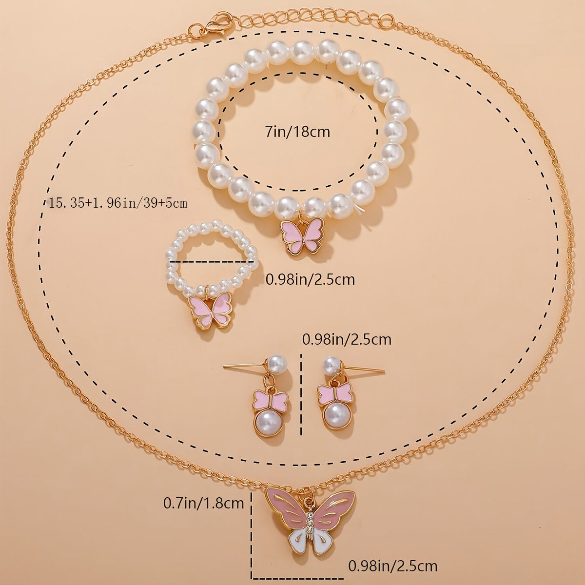 [Pearl | Butterfly] Cute Pearl | 1set Butterfly Trendy Necklace Earrings Pearl Bracelet Ring Set For Girls