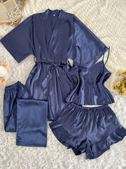[Sexy Pajama Set] 4pcs Comfortable Polyester Women's V-Neck Pajama Set | All-Season Sleepwear with Tie Waist And Drawstring Shorts, Perfect for Autumn And Winter