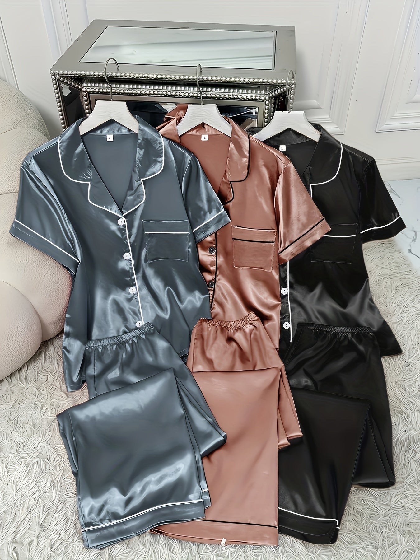 3 Sets Cozy Solid Satin Women's Pajama Set - Soft Short Sleeve Button-Down Lapel Top & Relaxed Fit Pants for Comfortable Sleep - Breathable, Soft Brushed Fabric, Classic Design