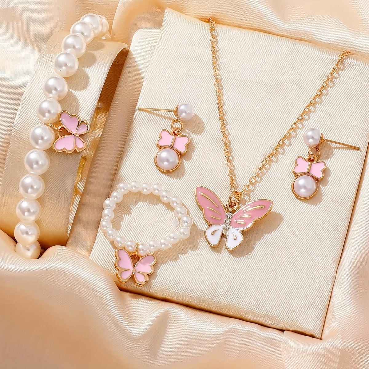 [Pearl | Butterfly] Cute Pearl | 1set Butterfly Trendy Necklace Earrings Pearl Bracelet Ring Set For Girls