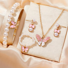 [Pearl | Butterfly] Cute Pearl | 1set Butterfly Trendy Necklace Earrings Pearl Bracelet Ring Set For Girls