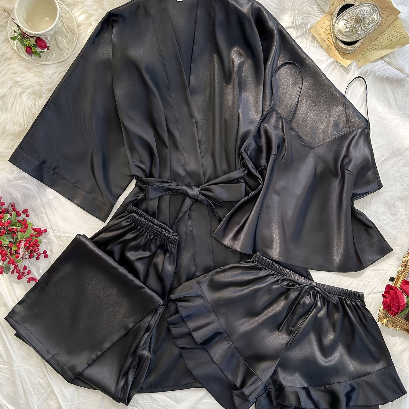 [Sexy Pajama Set] 4pcs Comfortable Polyester Women's V-Neck Pajama Set | All-Season Sleepwear with Tie Waist And Drawstring Shorts, Perfect for Autumn And Winter