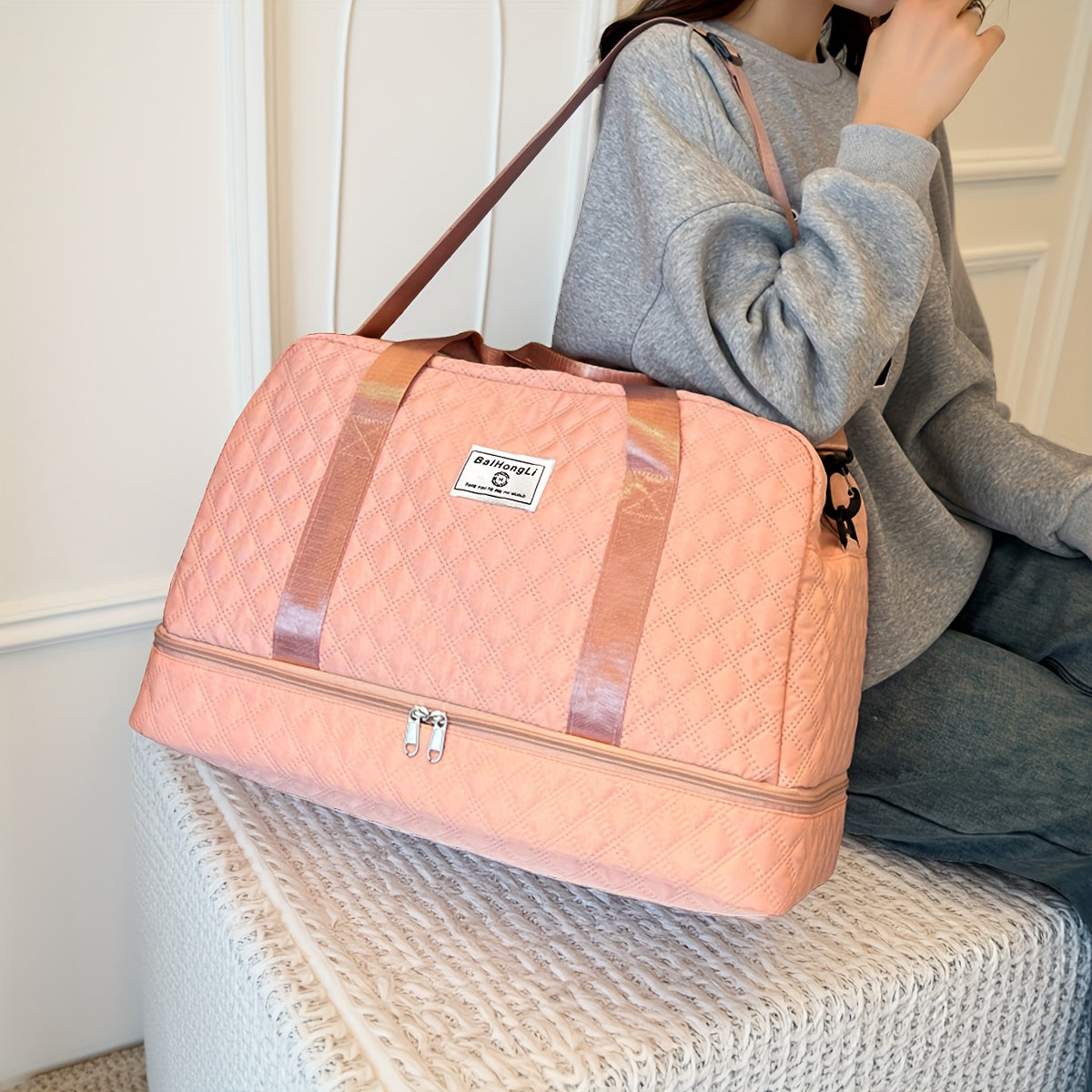 [Casual Duffel Bag] Large Capacity Nylon Travel Duffel Bag | Casual Style, Solid Color, Zipper Closure, Handheld or Shoulder Carry, with Black and Beige Options, for Outing and Weekend Trip