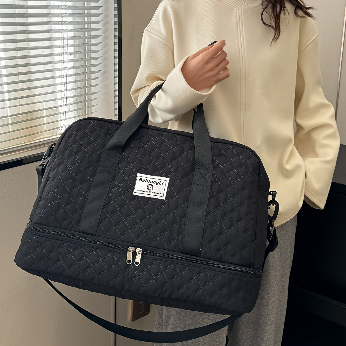 [Casual Duffel Bag] Large Capacity Nylon Travel Duffel Bag | Casual Style, Solid Color, Zipper Closure, Handheld or Shoulder Carry, with Black and Beige Options, for Outing and Weekend Trip