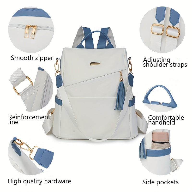 Elegant Women's Anti-Theft Backpack - Lightweight, Chic White with Pink Accents, Large Capacity, Adjustable Straps, PU Material, Perfect for Travel