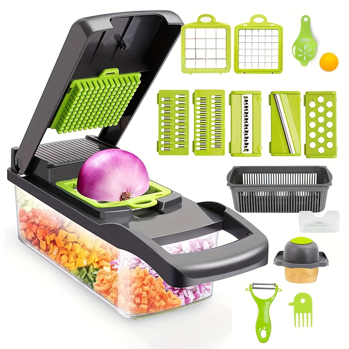 Veggie Chopper, Vegetable Slicer and Chopper - 16-in-1 Multifunctional Food Grade Cutting Machine with Drain Basket, Carrot and Garlic Chopper with Container, Durable Plastic Construction - Ideal for Home and Restaurant Use, Kitchen Essentials