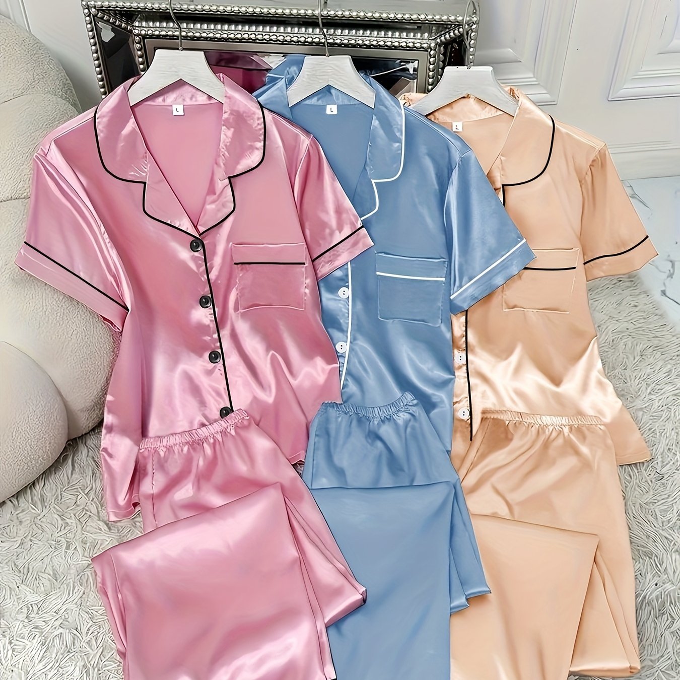 3 Sets Cozy Solid Satin Women's Pajama Set - Soft Short Sleeve Button-Down Lapel Top & Relaxed Fit Pants for Comfortable Sleep - Breathable, Soft Brushed Fabric, Classic Design