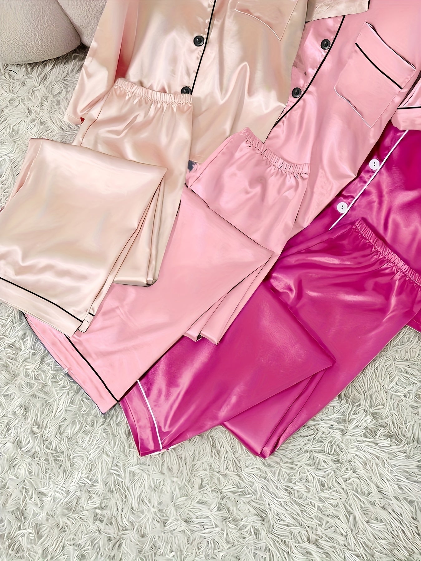 3 Sets Cozy Solid Satin Women's Pajama Set - Soft Short Sleeve Button-Down Lapel Top & Relaxed Fit Pants for Comfortable Sleep - Breathable, Soft Brushed Fabric, Classic Design