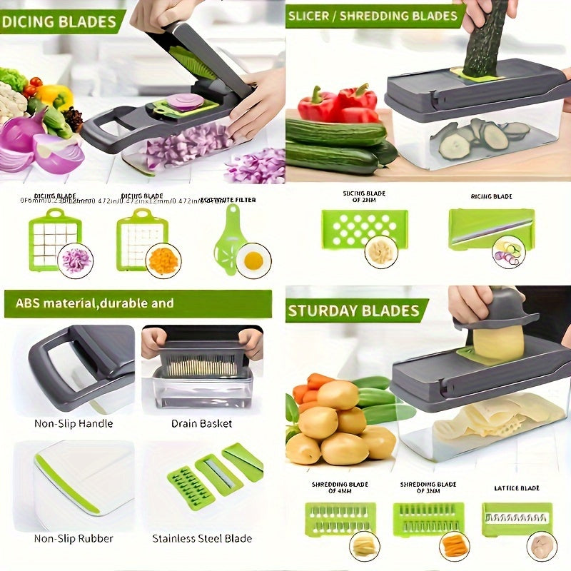 Veggie Chopper, Vegetable Slicer and Chopper - 16-in-1 Multifunctional Food Grade Cutting Machine with Drain Basket, Carrot and Garlic Chopper with Container, Durable Plastic Construction - Ideal for Home and Restaurant Use, Kitchen Essentials