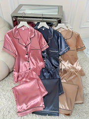 3 Sets Cozy Solid Satin Women's Pajama Set - Soft Short Sleeve Button-Down Lapel Top & Relaxed Fit Pants for Comfortable Sleep - Breathable, Soft Brushed Fabric, Classic Design