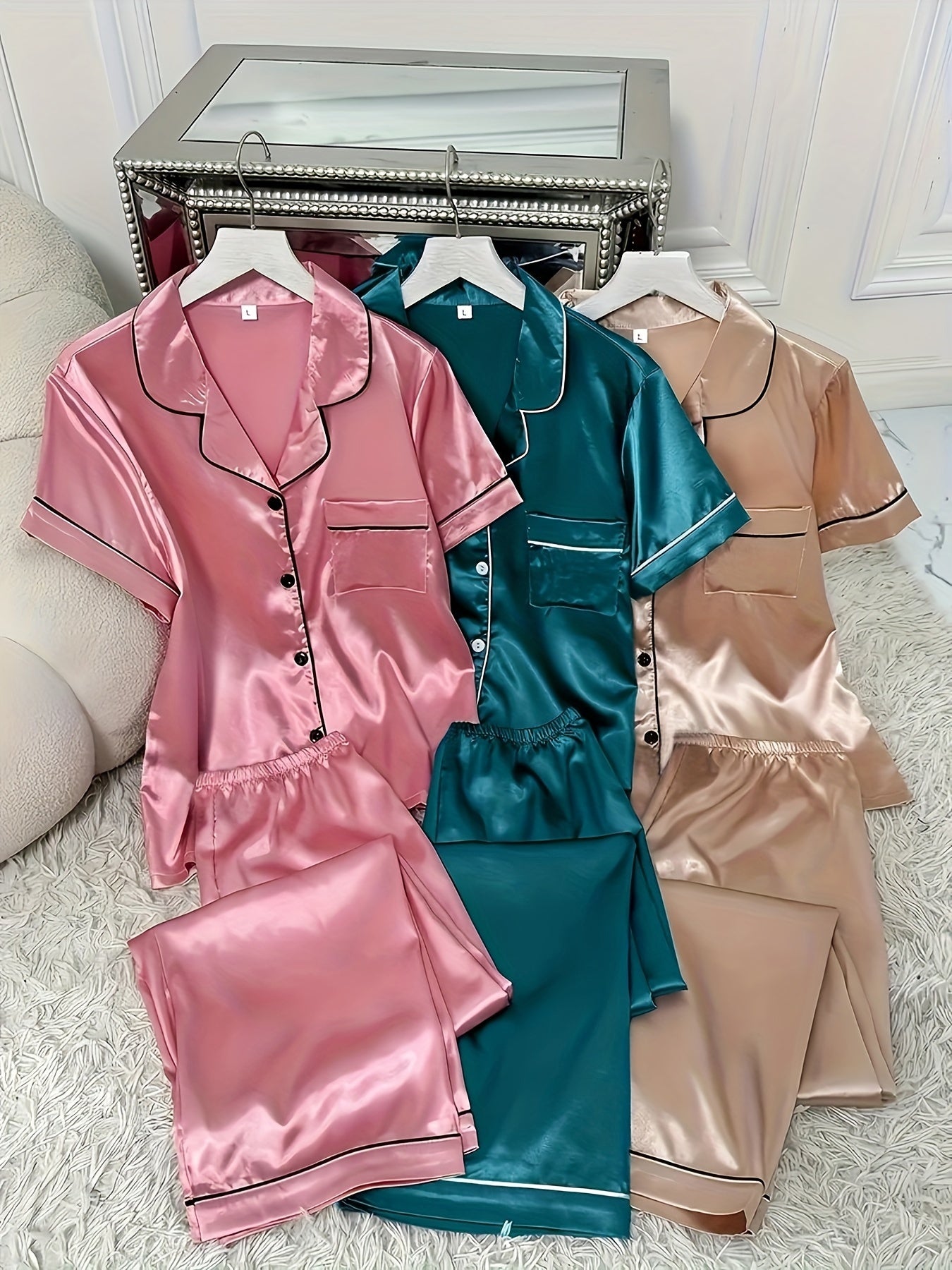3 Sets Cozy Solid Satin Women's Pajama Set - Soft Short Sleeve Button-Down Lapel Top & Relaxed Fit Pants for Comfortable Sleep - Breathable, Soft Brushed Fabric, Classic Design