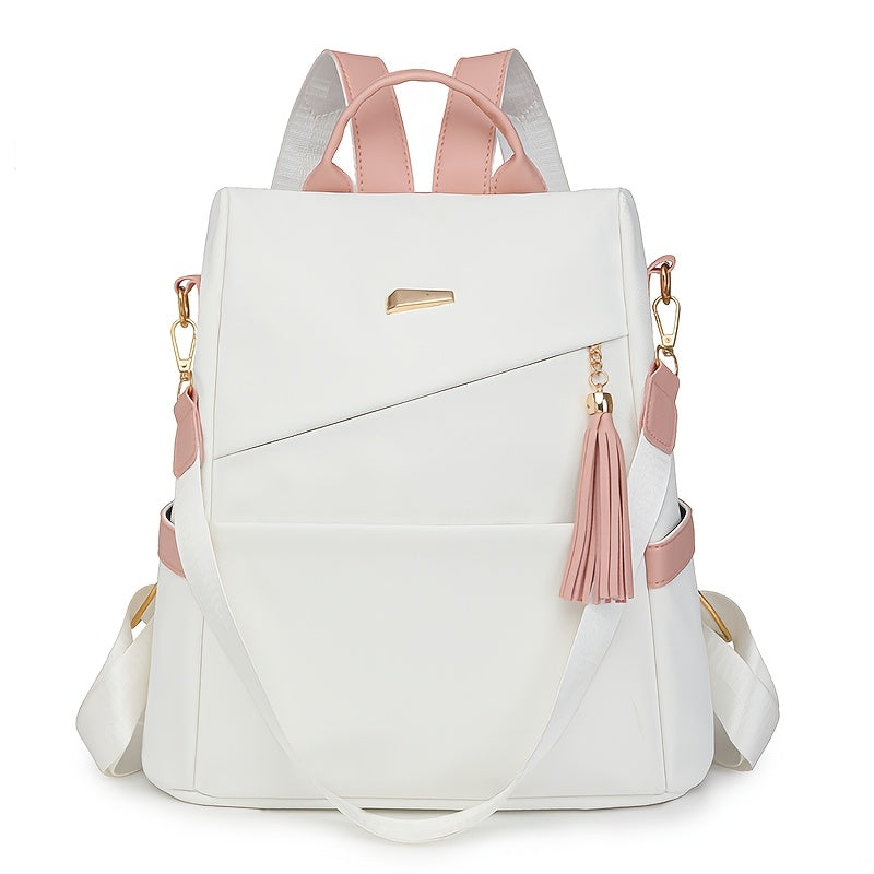 Elegant Women's Anti-Theft Backpack - Lightweight, Chic White with Pink Accents, Large Capacity, Adjustable Straps, PU Material, Perfect for Travel