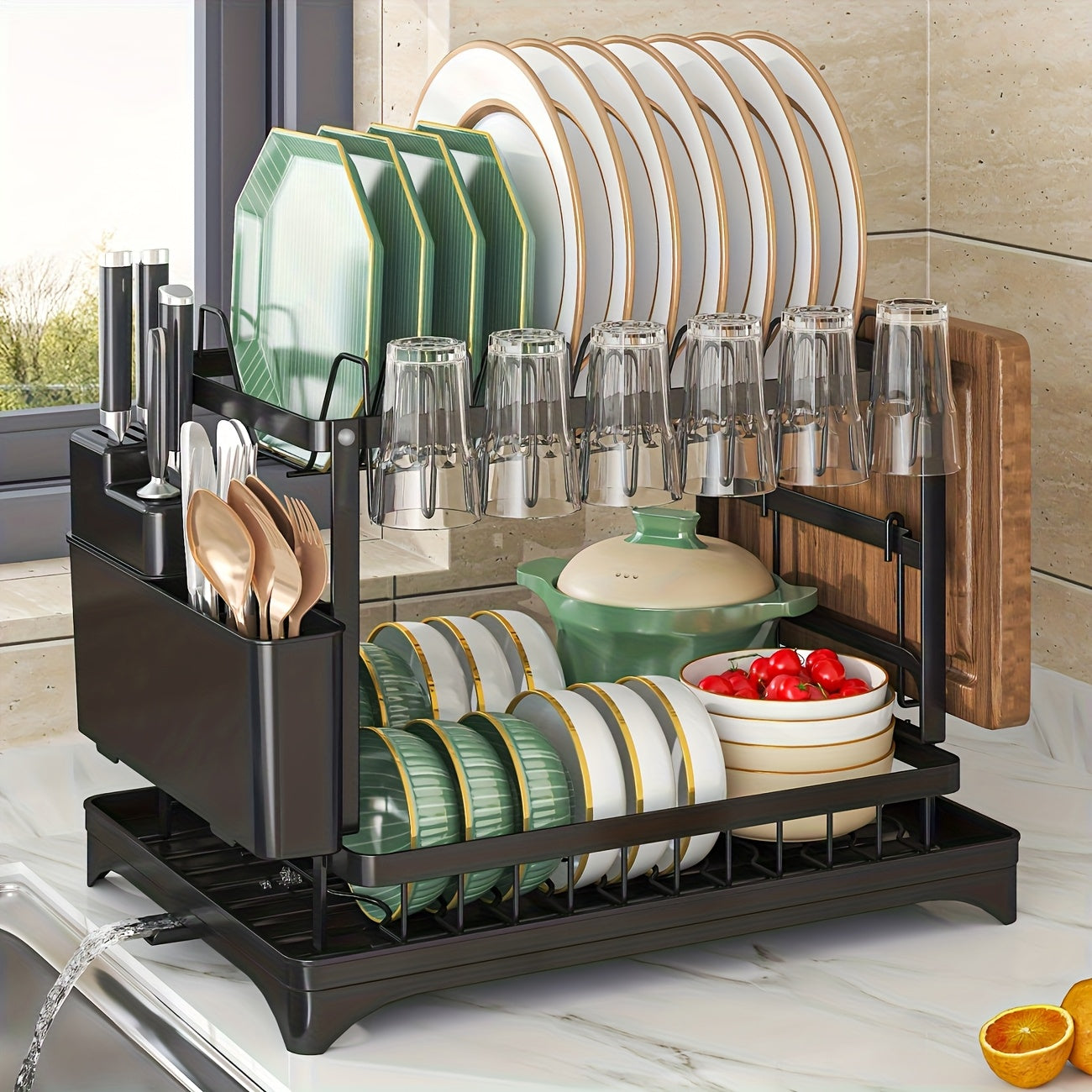 2-Tier Carbon Steel Dish Rack with Large Capacity - Double Layer Plate & Cup Drying Drainer, Cutlery Holder, Space-Saving Kitchen Organizer for Home, Efficient Storage, Durable Construction, Small Kitchens