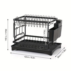 2-Tier Carbon Steel Dish Rack with Large Capacity - Double Layer Plate & Cup Drying Drainer, Cutlery Holder, Space-Saving Kitchen Organizer for Home, Efficient Storage, Durable Construction, Small Kitchens