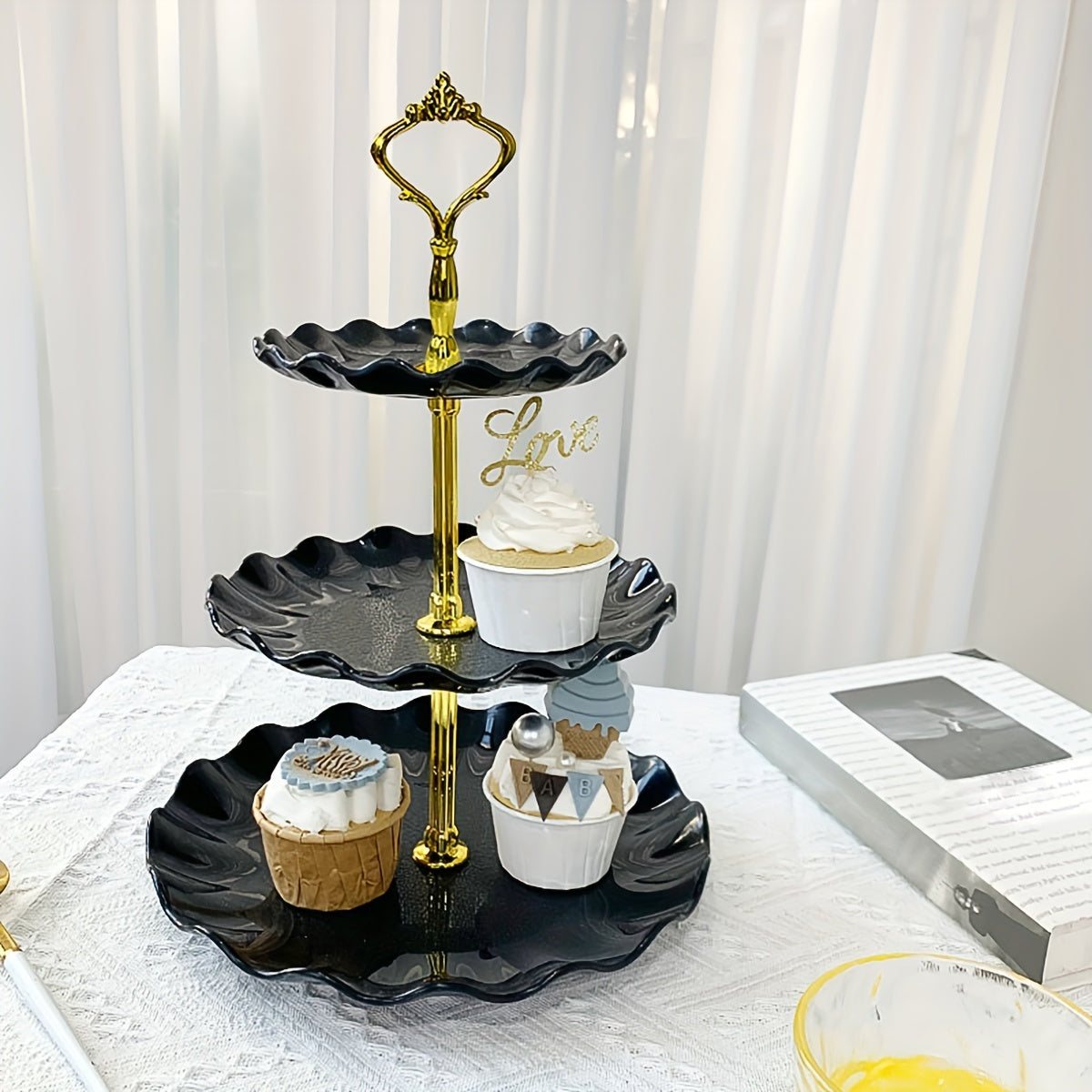 [European Cupcake Stand] 3 Tier European Cupcake Stand | Ruffled or Laciness Dessert Tower Tray for Tea Parties, Dances and Weddings