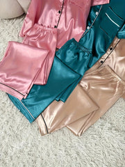3 Sets Cozy Solid Satin Women's Pajama Set - Soft Short Sleeve Button-Down Lapel Top & Relaxed Fit Pants for Comfortable Sleep - Breathable, Soft Brushed Fabric, Classic Design