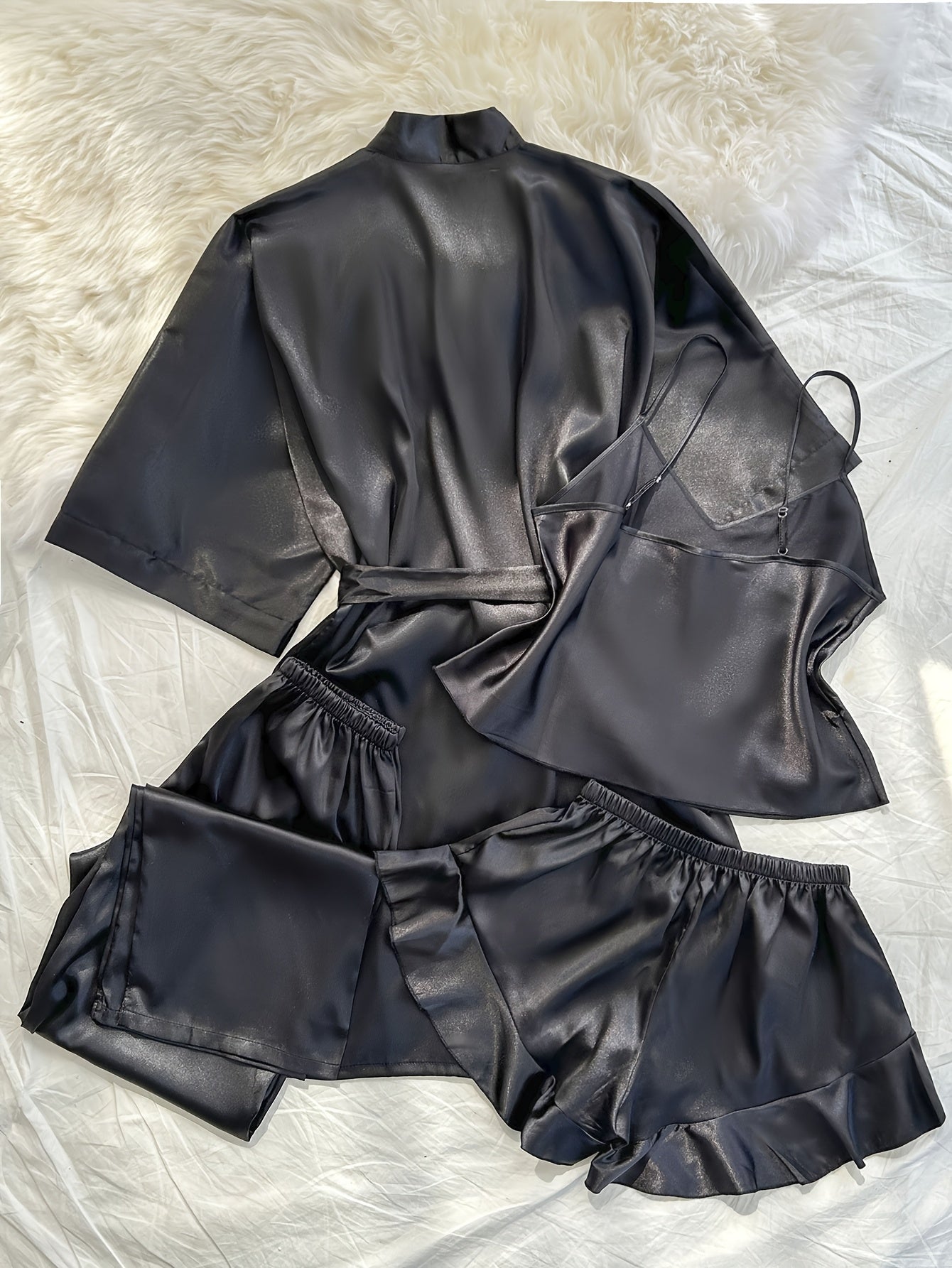 [Sexy Pajama Set] 4pcs Comfortable Polyester Women's V-Neck Pajama Set | All-Season Sleepwear with Tie Waist And Drawstring Shorts, Perfect for Autumn And Winter