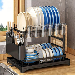 2-Tier Carbon Steel Dish Rack with Large Capacity - Double Layer Plate & Cup Drying Drainer, Cutlery Holder, Space-Saving Kitchen Organizer for Home, Efficient Storage, Durable Construction, Small Kitchens