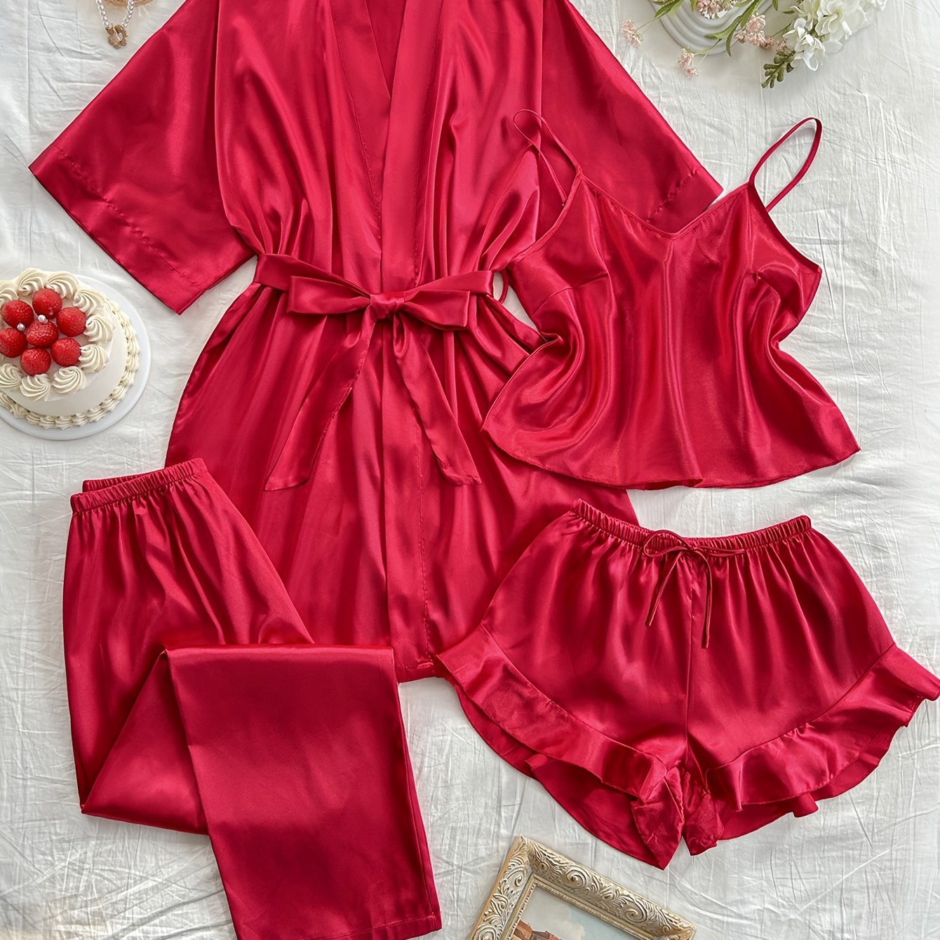 [Sexy Pajama Set] 4pcs Comfortable Polyester Women's V-Neck Pajama Set | All-Season Sleepwear with Tie Waist And Drawstring Shorts, Perfect for Autumn And Winter