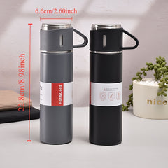 A Set of Stainless Steel Insulated Cups, 500Ml/16.9Oz Vacuum Sealed Water Bottle, Comes with 3 Cups, Stainless Steel Car Water Bottle Holder, Suitable for Coffee And Cold Drinks, Ideal Back-To-School Supplies