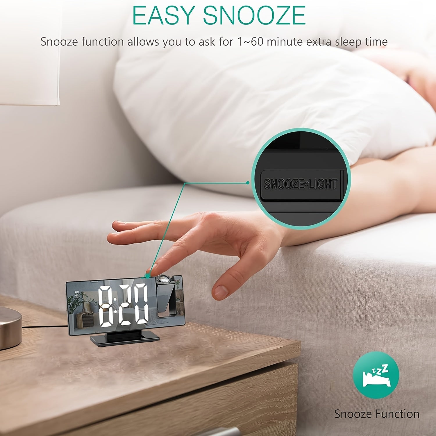 180° Adjustable LED Projection Alarm Clock - Black, USB Powered, 12/24H Temperature Display, Snooze, Night Mode, Memory Function for Bedroom, Home Office