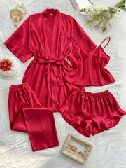 [Sexy Pajama Set] 4pcs Comfortable Polyester Women's V-Neck Pajama Set | All-Season Sleepwear with Tie Waist And Drawstring Shorts, Perfect for Autumn And Winter
