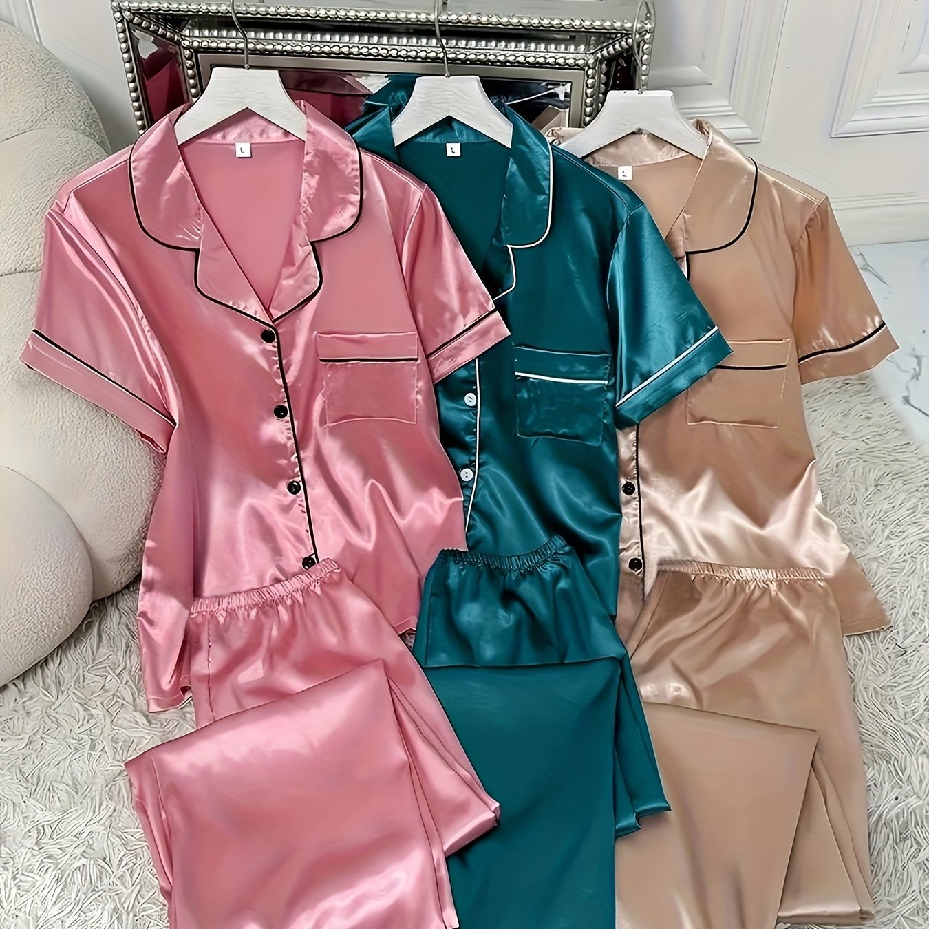 3 Sets Cozy Solid Satin Women's Pajama Set - Soft Short Sleeve Button-Down Lapel Top & Relaxed Fit Pants for Comfortable Sleep - Breathable, Soft Brushed Fabric, Classic Design