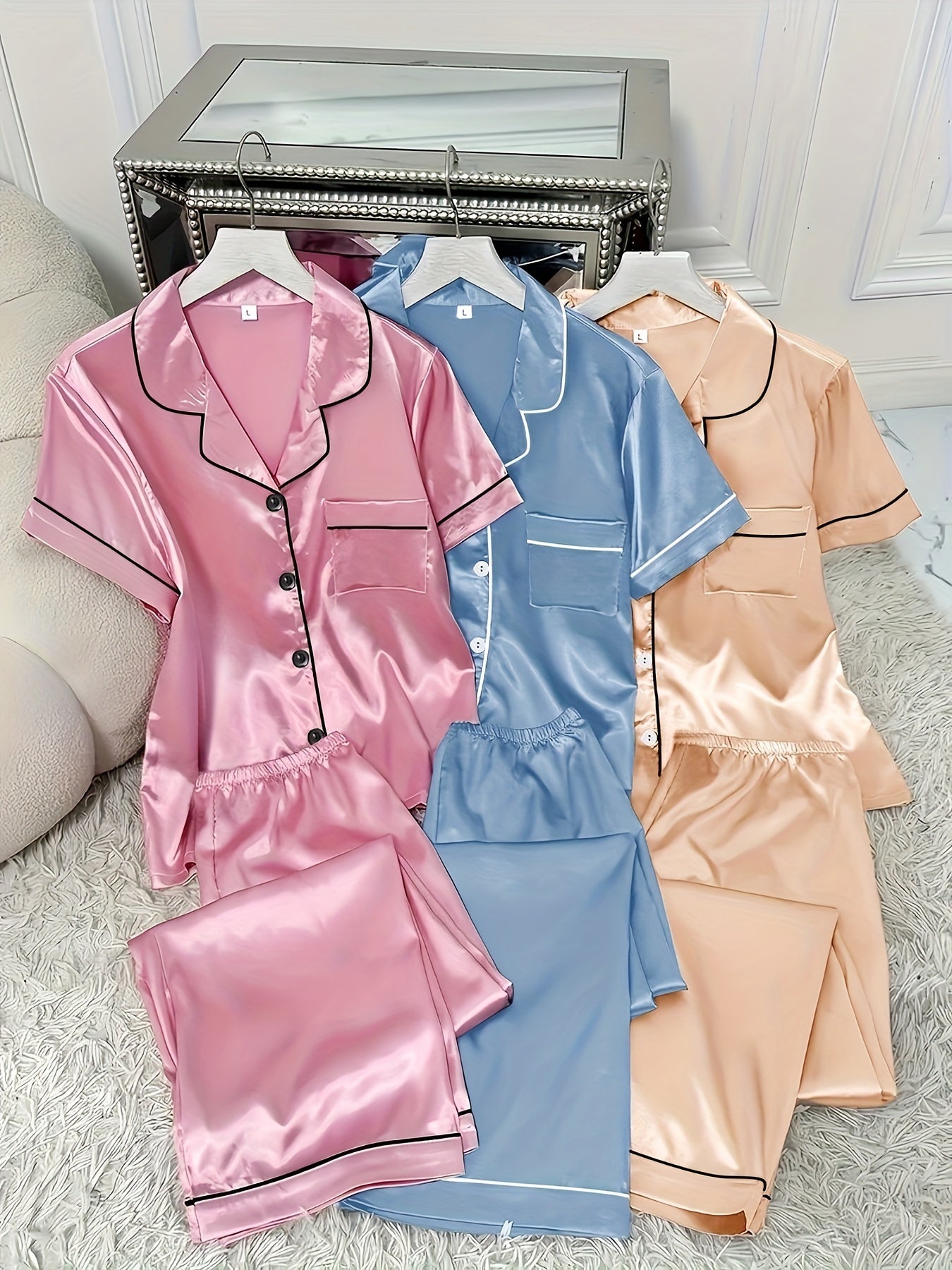 3 Sets Cozy Solid Satin Women's Pajama Set - Soft Short Sleeve Button-Down Lapel Top & Relaxed Fit Pants for Comfortable Sleep - Breathable, Soft Brushed Fabric, Classic Design
