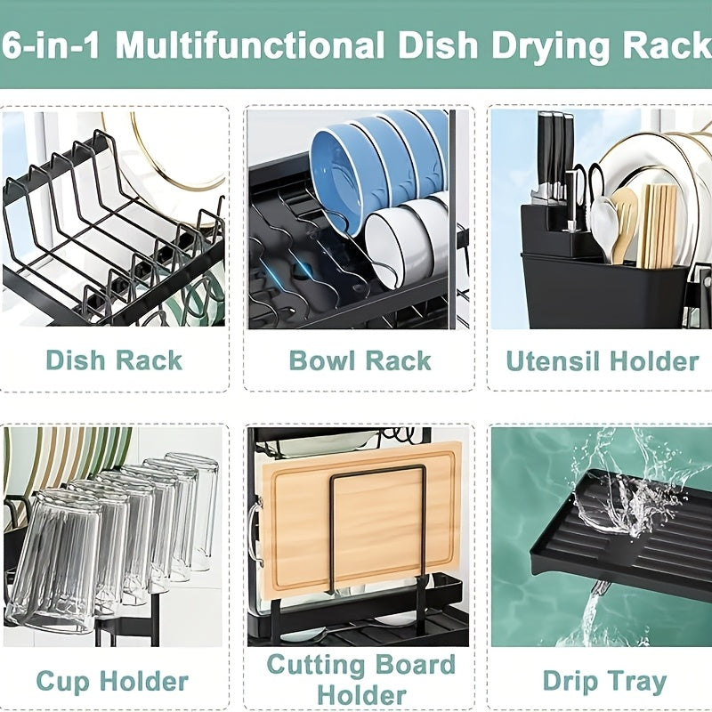 2-Tier Carbon Steel Dish Rack with Large Capacity - Double Layer Plate & Cup Drying Drainer, Cutlery Holder, Space-Saving Kitchen Organizer for Home, Efficient Storage, Durable Construction, Small Kitchens