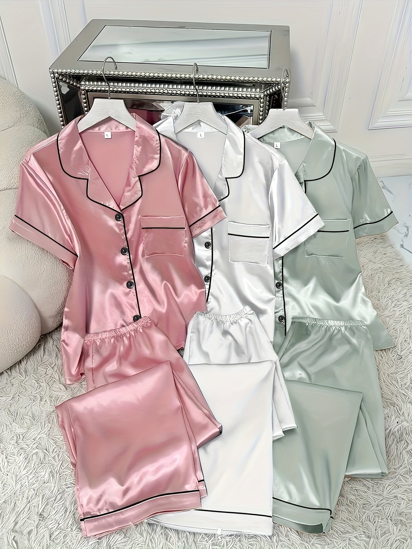3 Sets Cozy Solid Satin Women's Pajama Set - Soft Short Sleeve Button-Down Lapel Top & Relaxed Fit Pants for Comfortable Sleep - Breathable, Soft Brushed Fabric, Classic Design