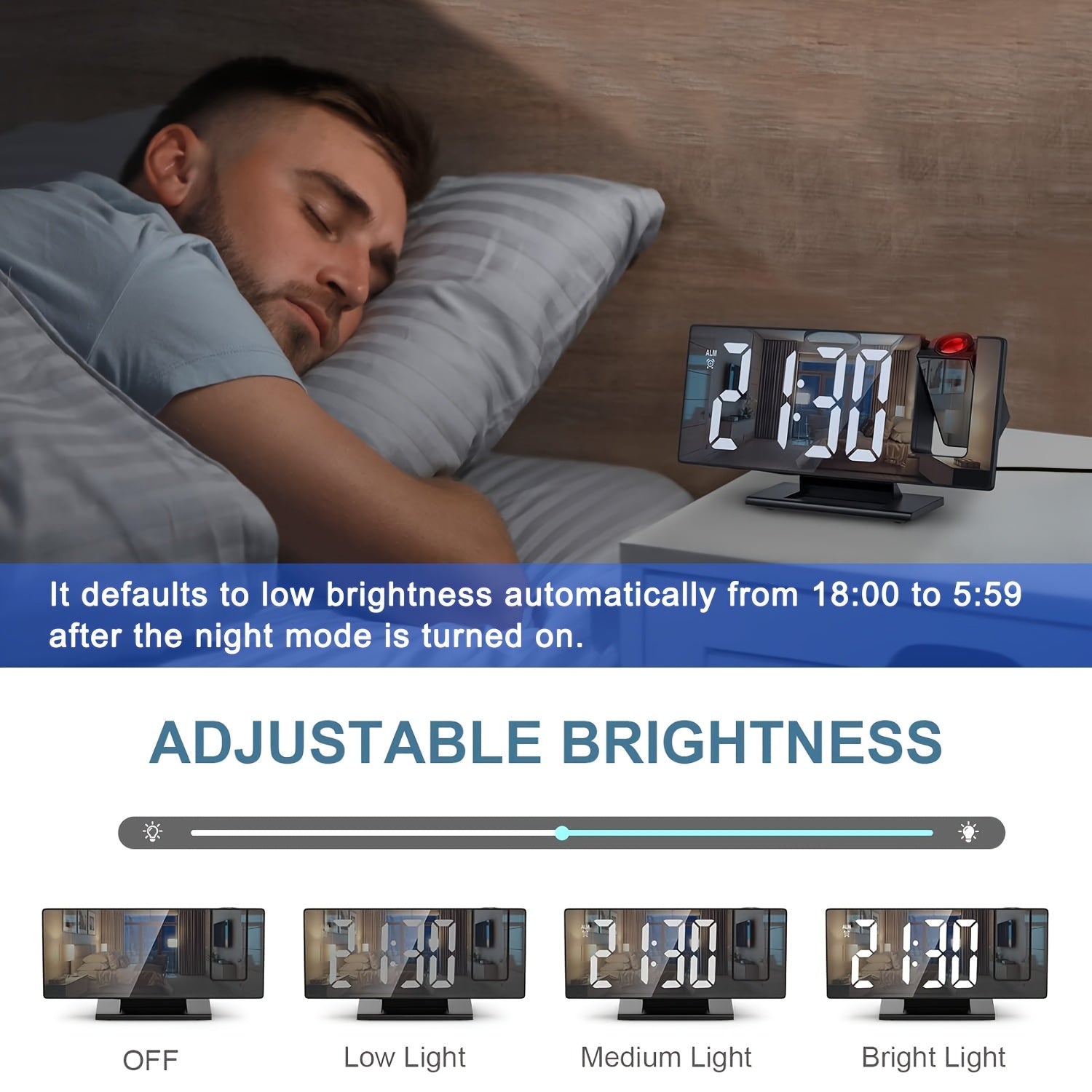 180° Adjustable LED Projection Alarm Clock - Black, USB Powered, 12/24H Temperature Display, Snooze, Night Mode, Memory Function for Bedroom, Home Office
