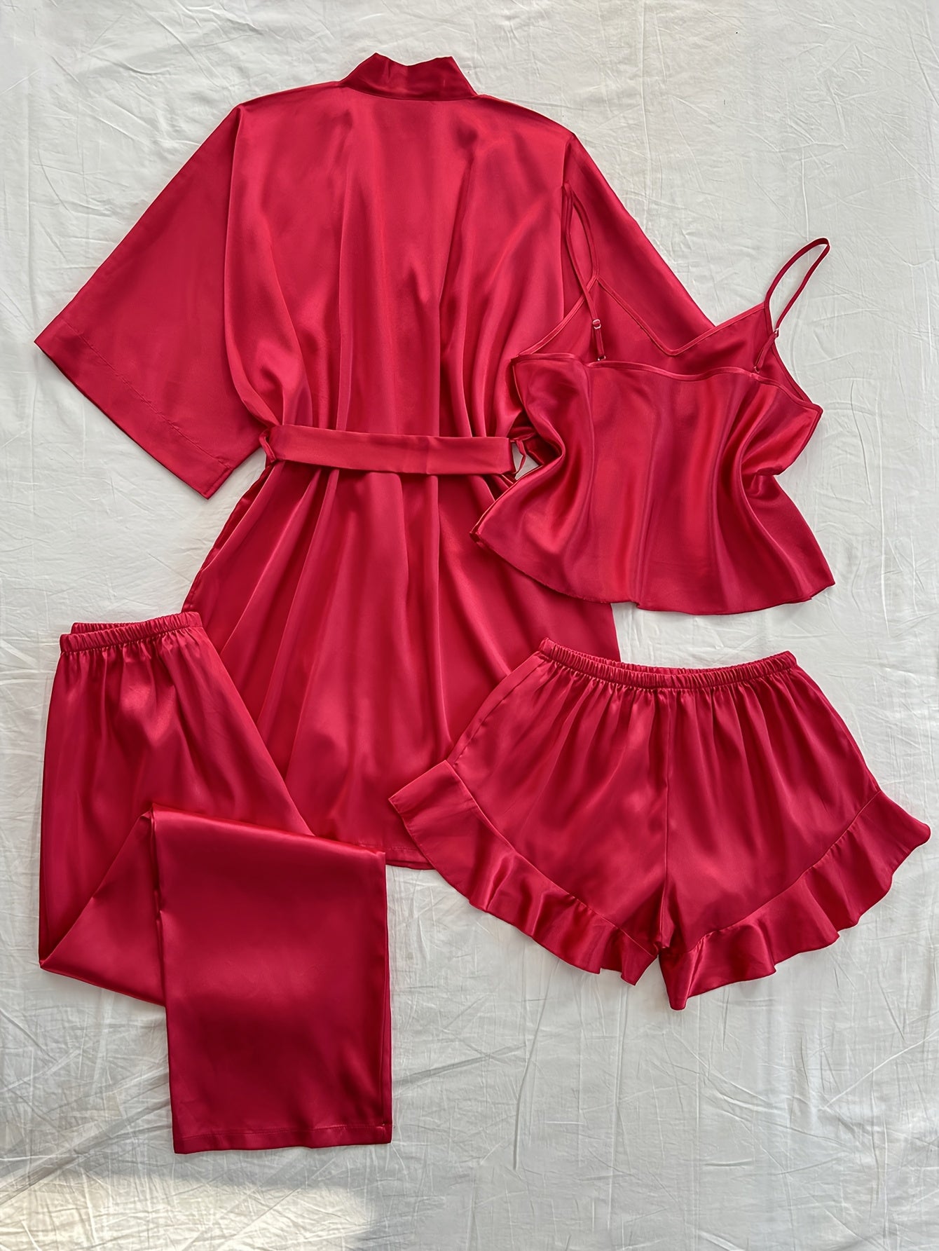 [Sexy Pajama Set] 4pcs Comfortable Polyester Women's V-Neck Pajama Set | All-Season Sleepwear with Tie Waist And Drawstring Shorts, Perfect for Autumn And Winter