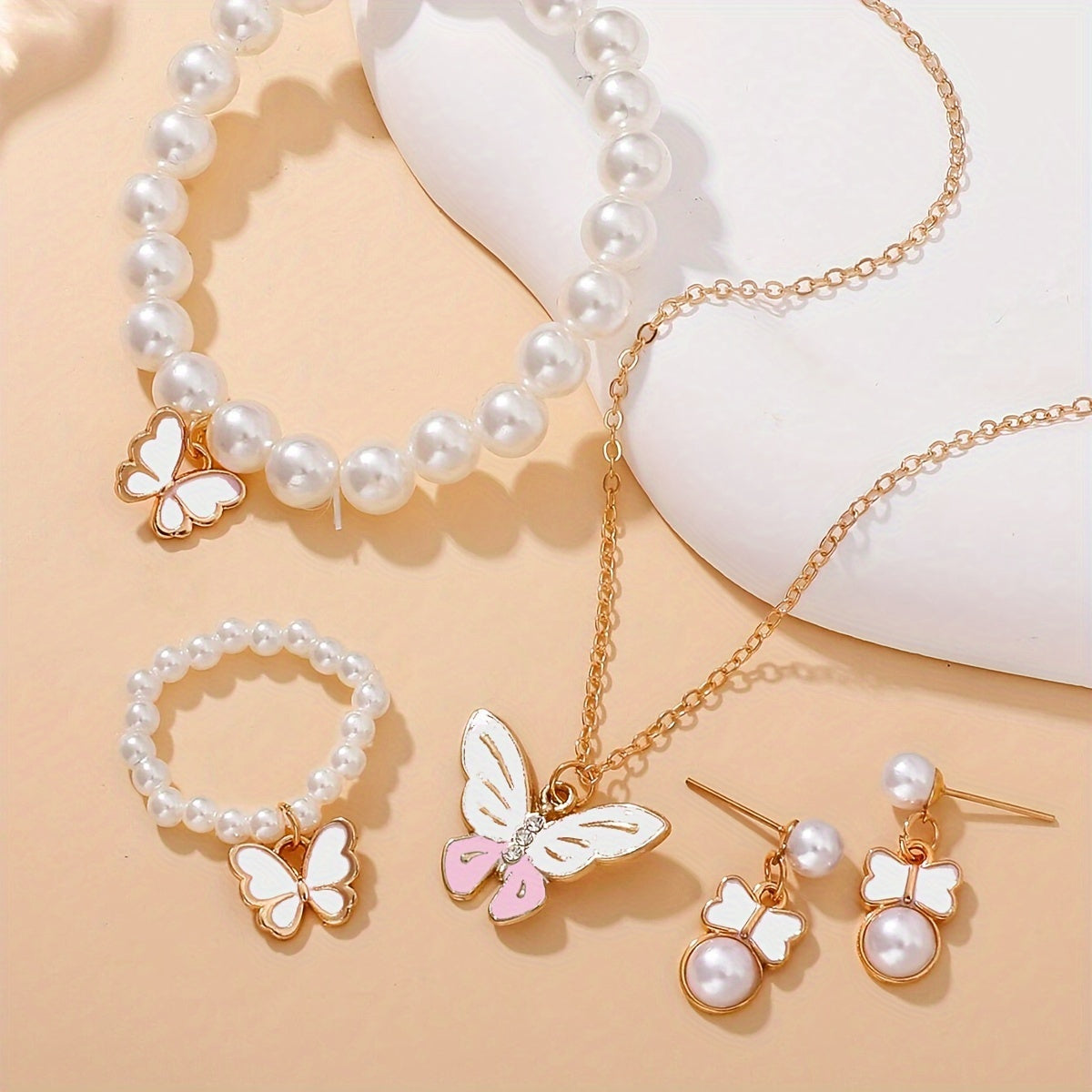 [Pearl | Butterfly] Cute Pearl | 1set Butterfly Trendy Necklace Earrings Pearl Bracelet Ring Set For Girls