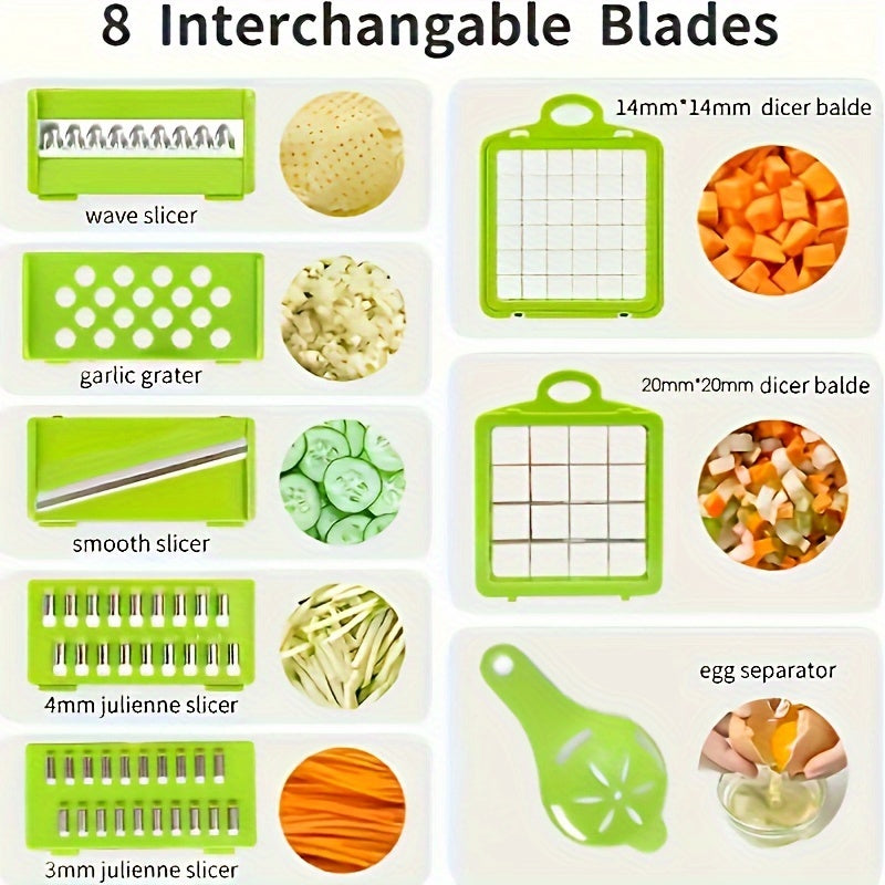 Veggie Chopper, Vegetable Slicer and Chopper - 16-in-1 Multifunctional Food Grade Cutting Machine with Drain Basket, Carrot and Garlic Chopper with Container, Durable Plastic Construction - Ideal for Home and Restaurant Use, Kitchen Essentials